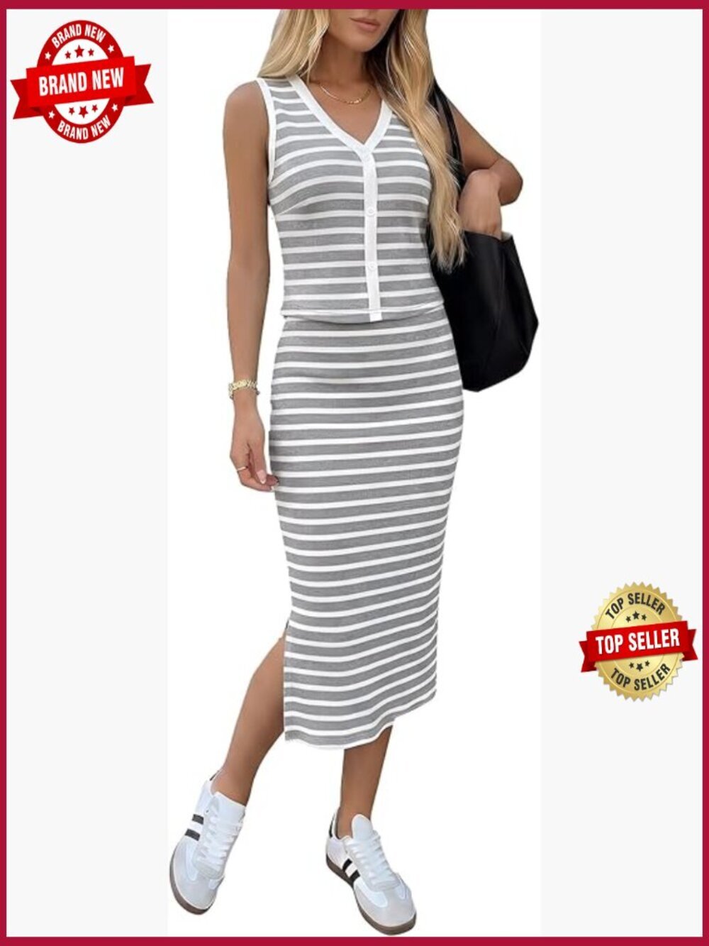 Women's Cotton 2 Piece Skirt Set V Neck Faux Button Tank Top High Waist Midi